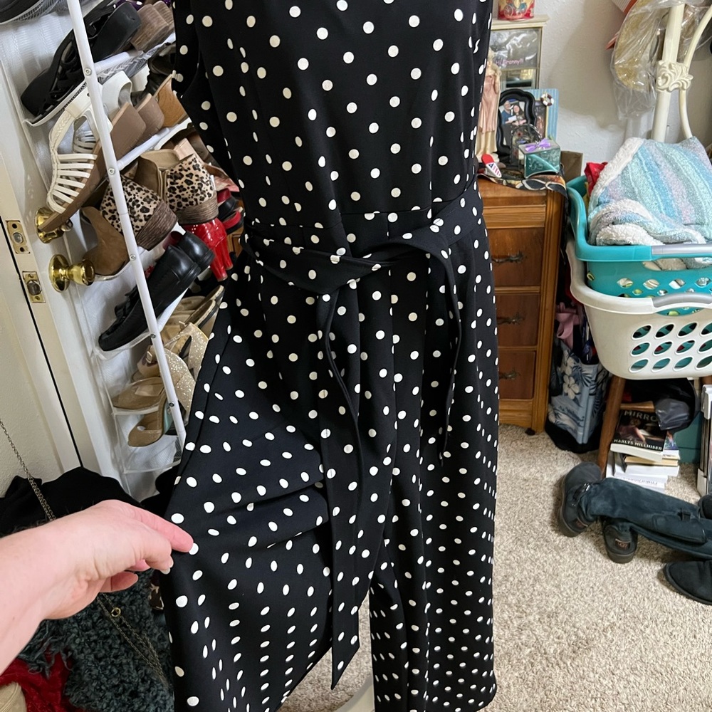 Calvin Klein Black and White Polka Dot Jumpsuit with Tie Waist